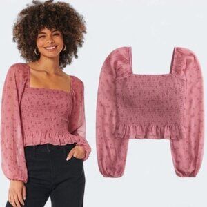 Hollister Mauve Floral‎ Smocked Long Sleeve Blouse Size XL